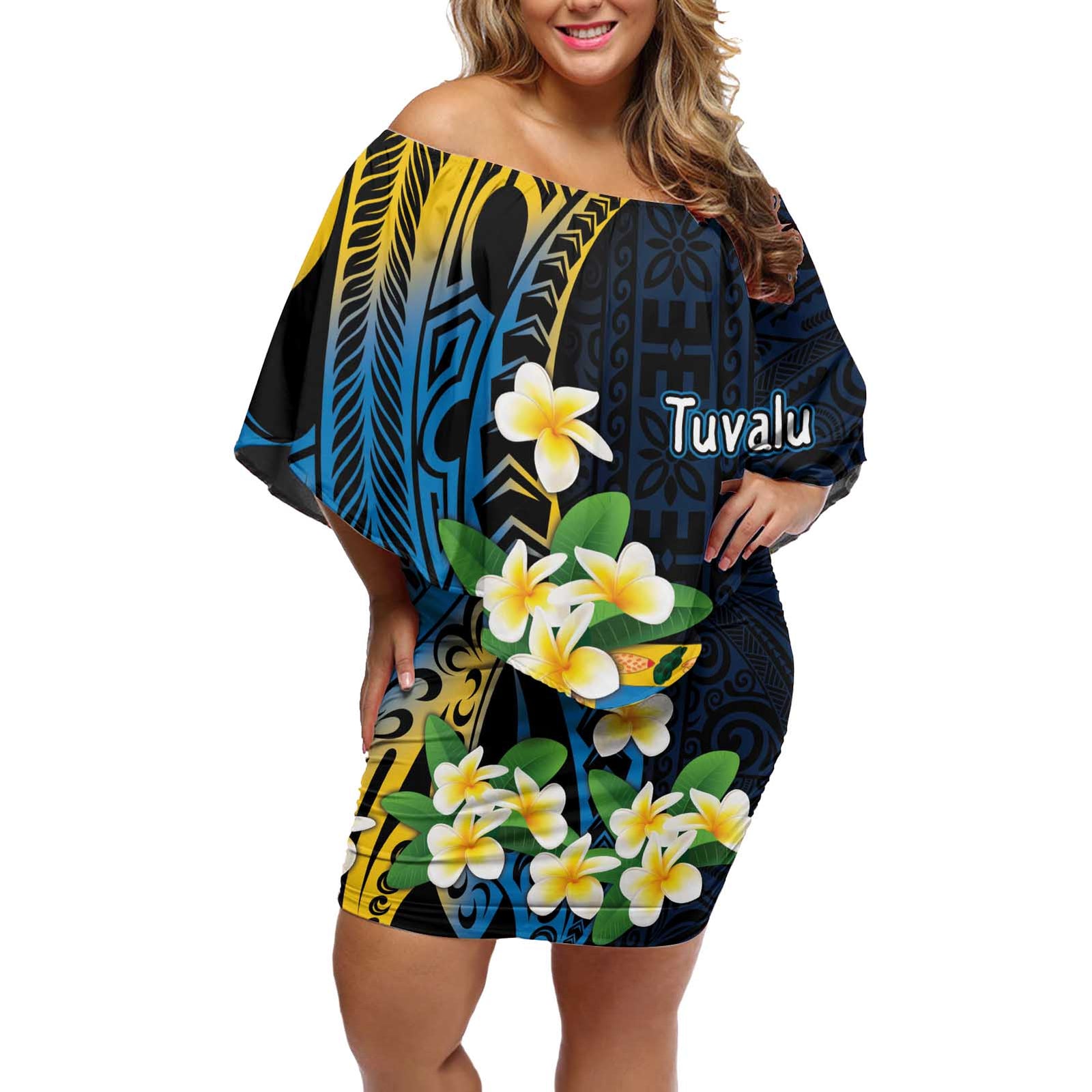 Personalised Tuvalu Beautiful Plumeria Flower Off Shoulder Short Dress LT9 Women Black - Polynesian Pride