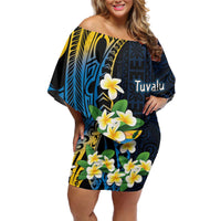 Personalised Tuvalu Beautiful Plumeria Flower Off Shoulder Short Dress LT9 Women Black - Polynesian Pride