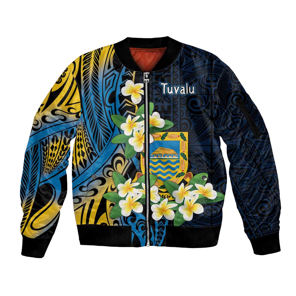 Personalised Tuvalu Beautiful Plumeria Flower Sleeve Zip Bomber Jacket