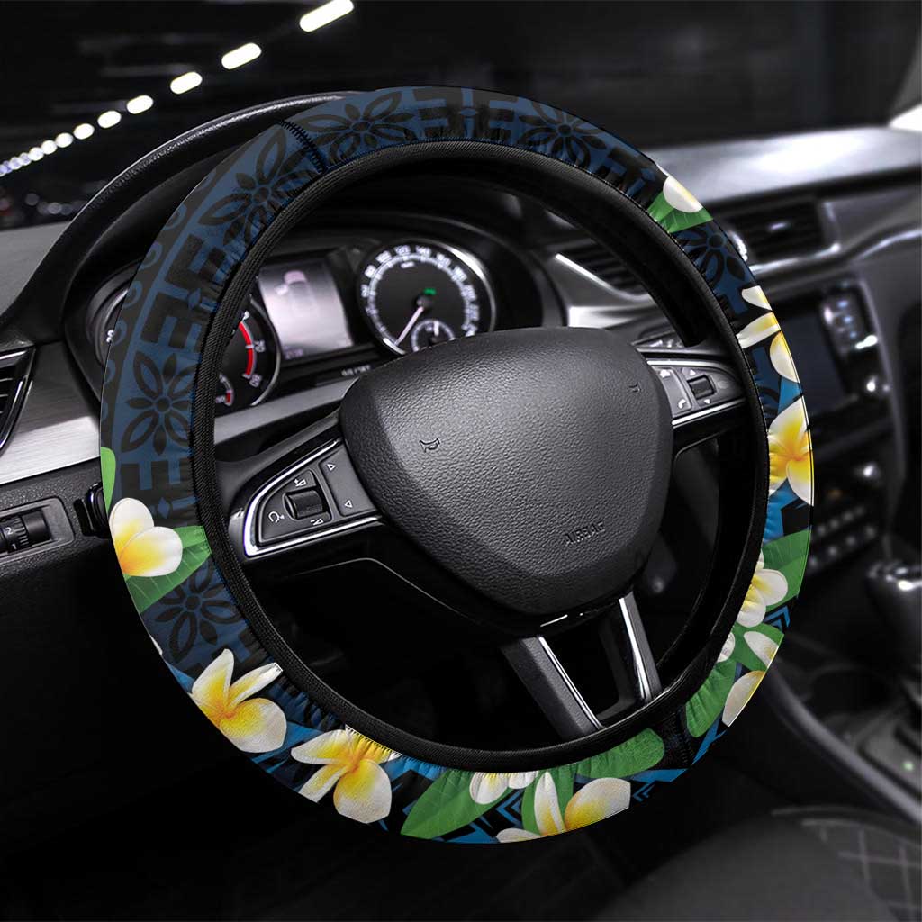 Tuvalu Beautiful Plumeria Flower Steering Wheel Cover LT9 Universal Fit Black - Polynesian Pride