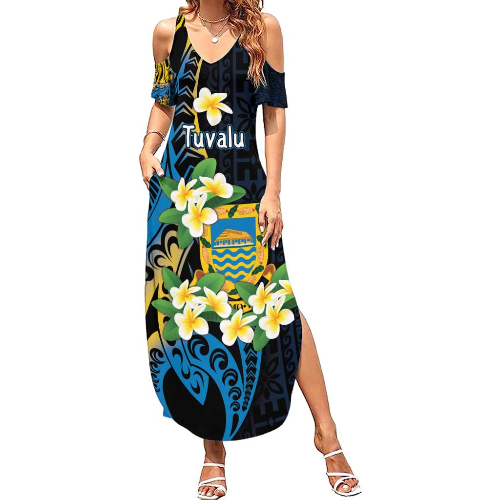 Personalised Tuvalu Beautiful Plumeria Flower Summer Maxi Dress LT9 Women Black - Polynesian Pride