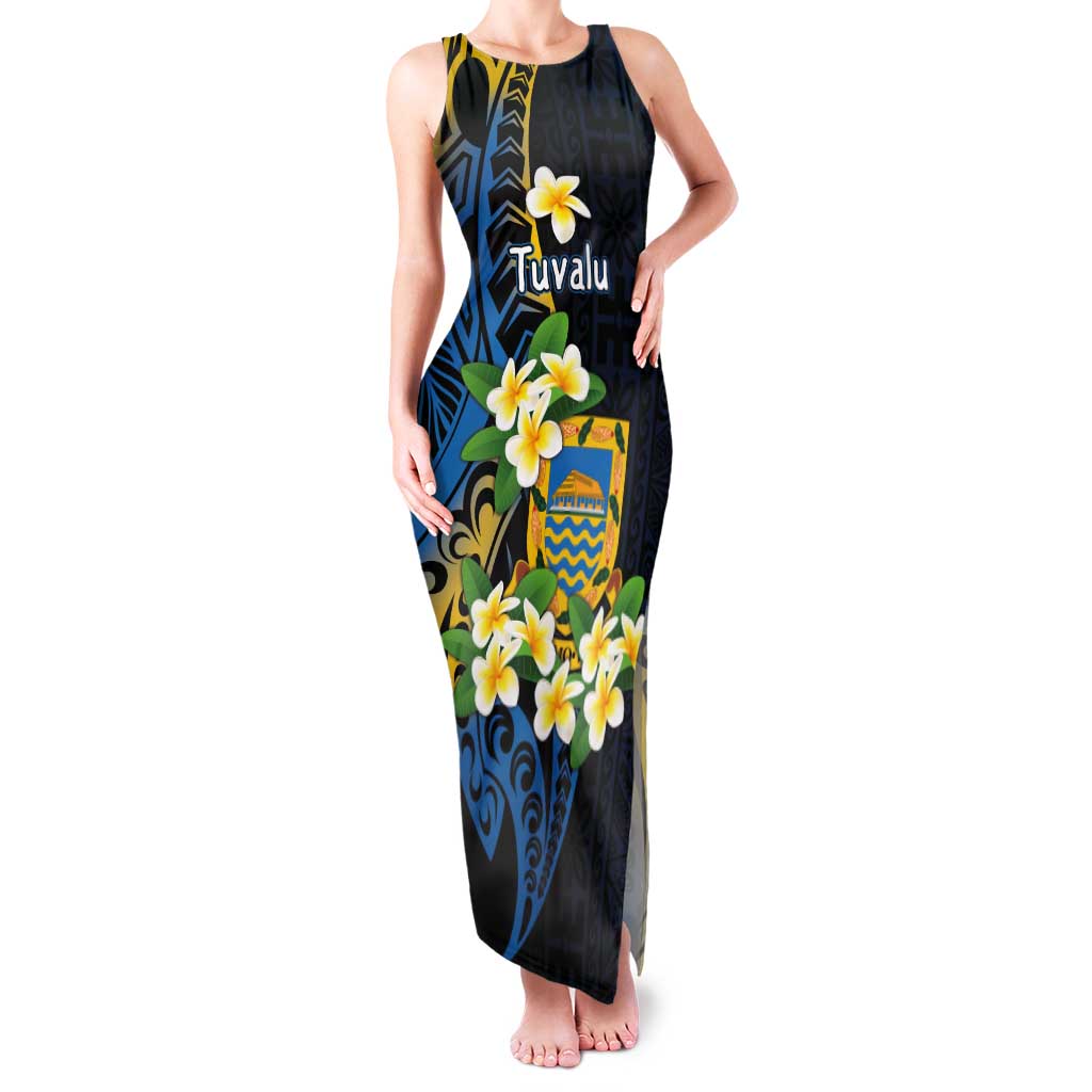 Personalised Tuvalu Beautiful Plumeria Flower Tank Maxi Dress LT9 Women Black - Polynesian Pride