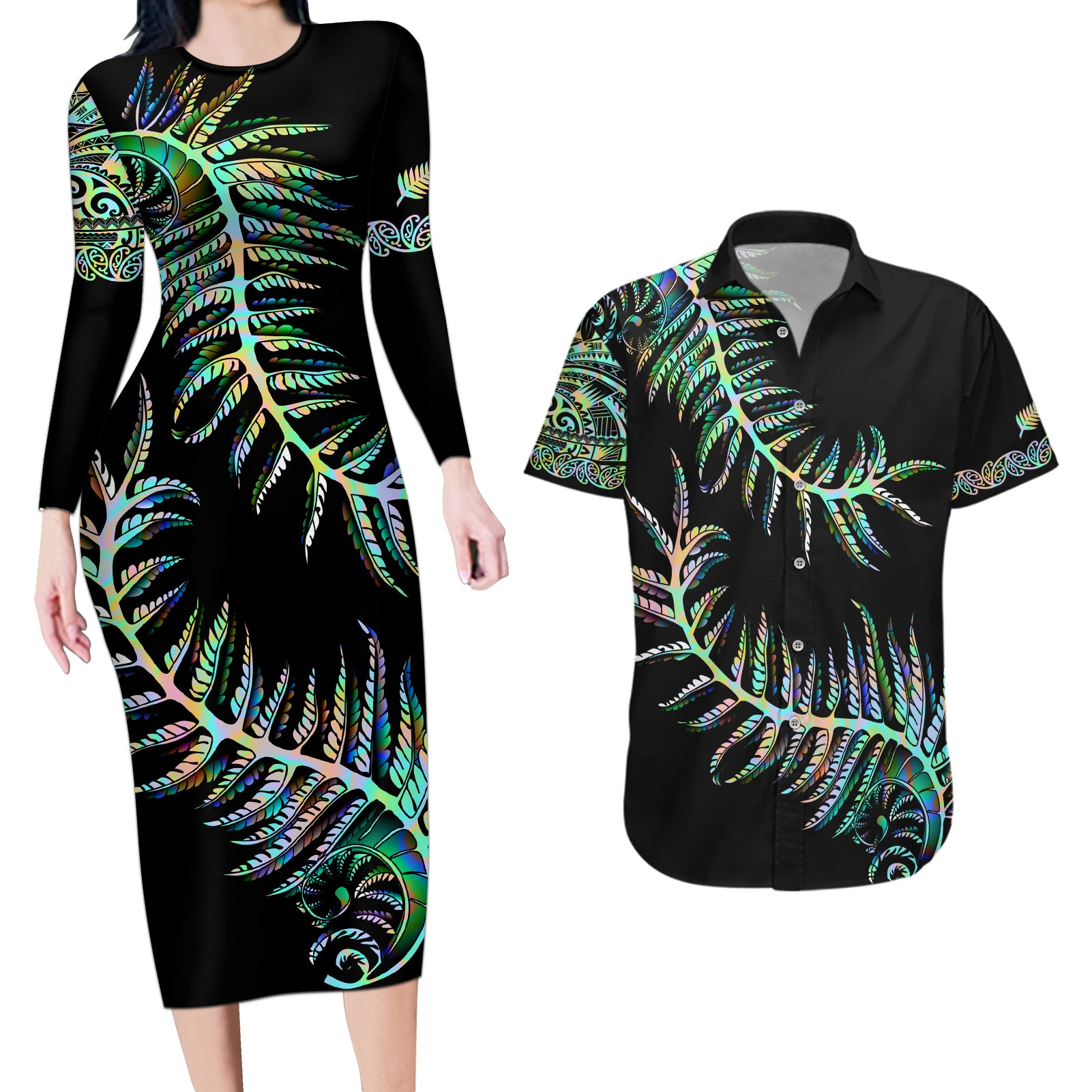 New Zealand Couples Matching Long Sleeve Bodycon Dress and Hawaiian Shirt Aotearoa Silver Fern Mixed Papua Shell Green Vibe LT9 Green - Polynesian Pride