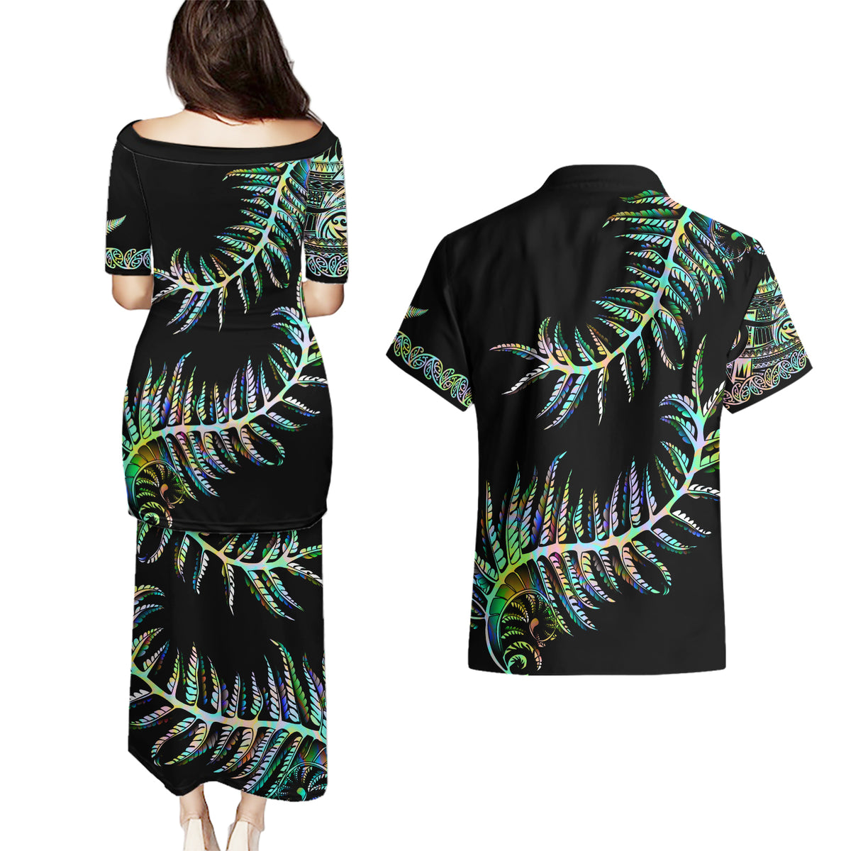 New Zealand Couples Matching Puletasi Dress and Hawaiian Shirt Aotearoa Silver Fern Mixed Papua Shell Green Vibe LT9 - Polynesian Pride