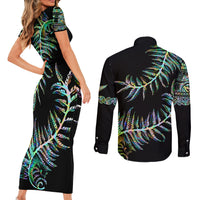 New Zealand Couples Matching Short Sleeve Bodycon Dress and Long Sleeve Button Shirt Aotearoa Silver Fern Mixed Papua Shell Green Vibe LT9 - Polynesian Pride