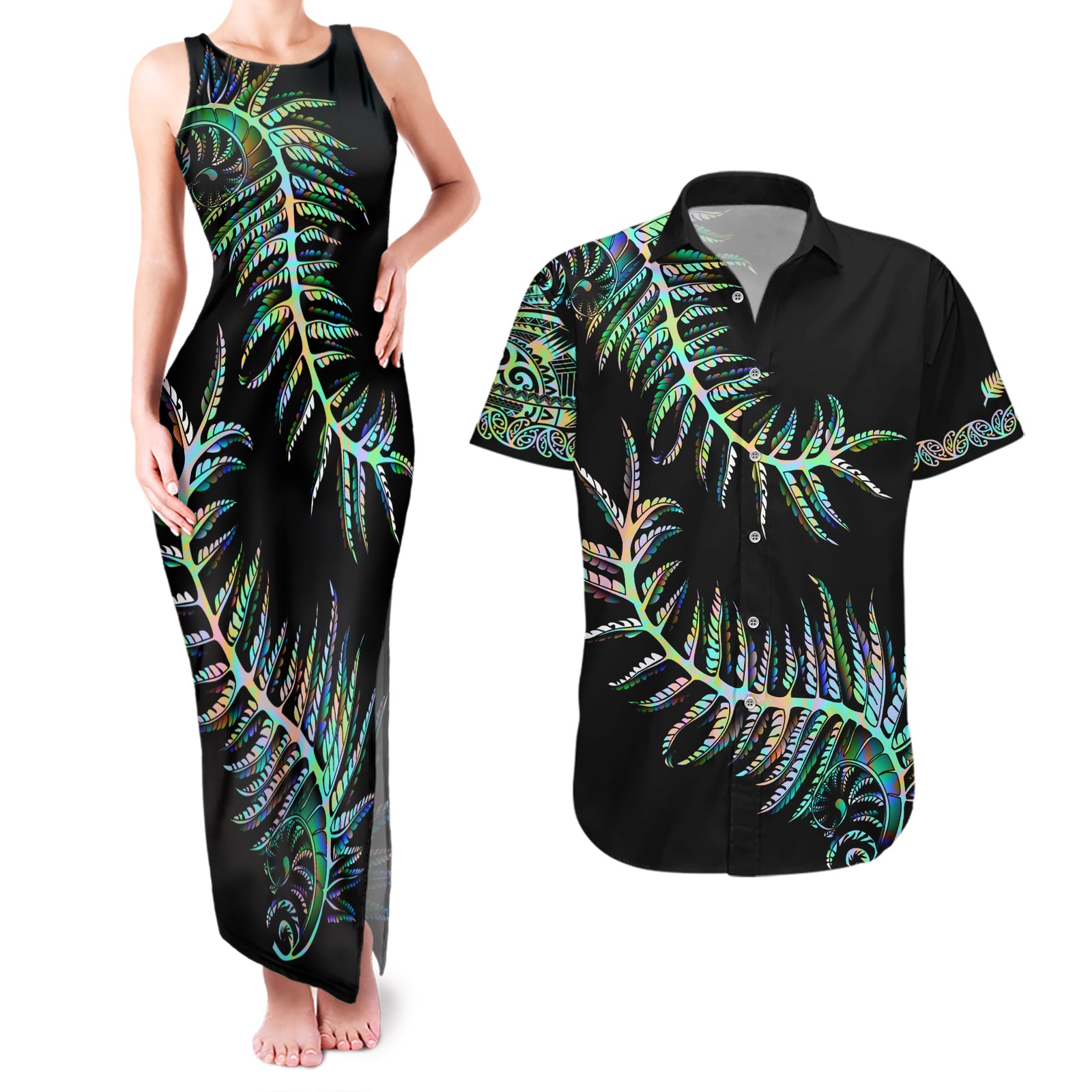 New Zealand Couples Matching Tank Maxi Dress and Hawaiian Shirt Aotearoa Silver Fern Mixed Papua Shell Green Vibe LT9 Green - Polynesian Pride