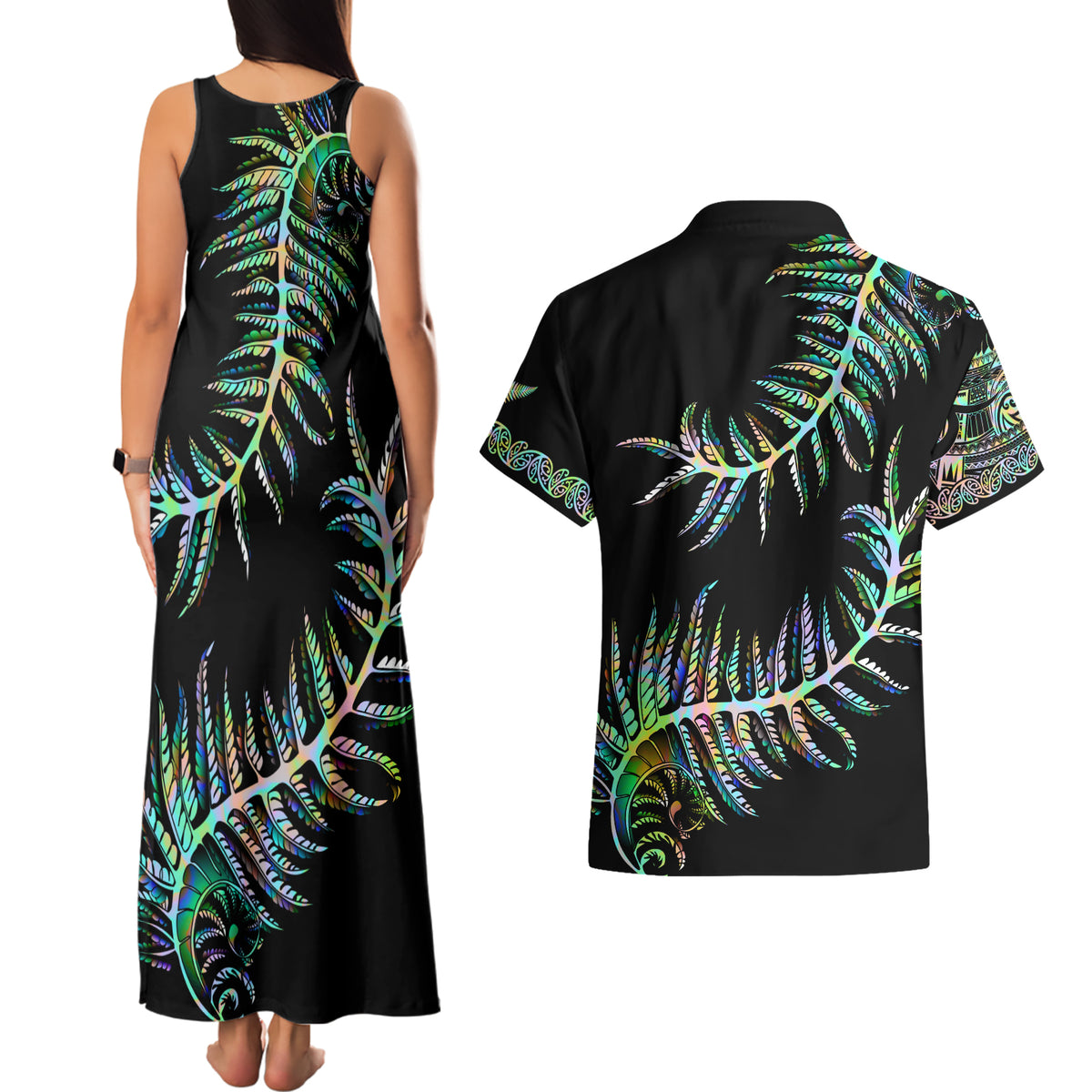 New Zealand Couples Matching Tank Maxi Dress and Hawaiian Shirt Aotearoa Silver Fern Mixed Papua Shell Green Vibe LT9 - Polynesian Pride