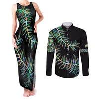 New Zealand Couples Matching Tank Maxi Dress and Long Sleeve Button Shirt Aotearoa Silver Fern Mixed Papua Shell Green Vibe LT9 Green - Polynesian Pride