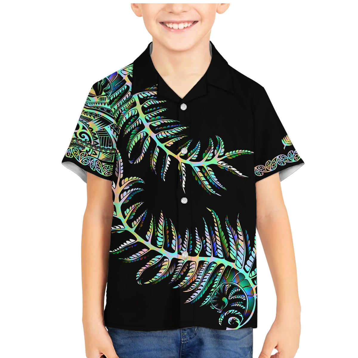 New Zealand Family Matching Mermaid Dress and Hawaiian Shirt Aotearoa Silver Fern Mixed Papua Shell Green Vibe LT9 Son's Shirt Green - Polynesian Pride