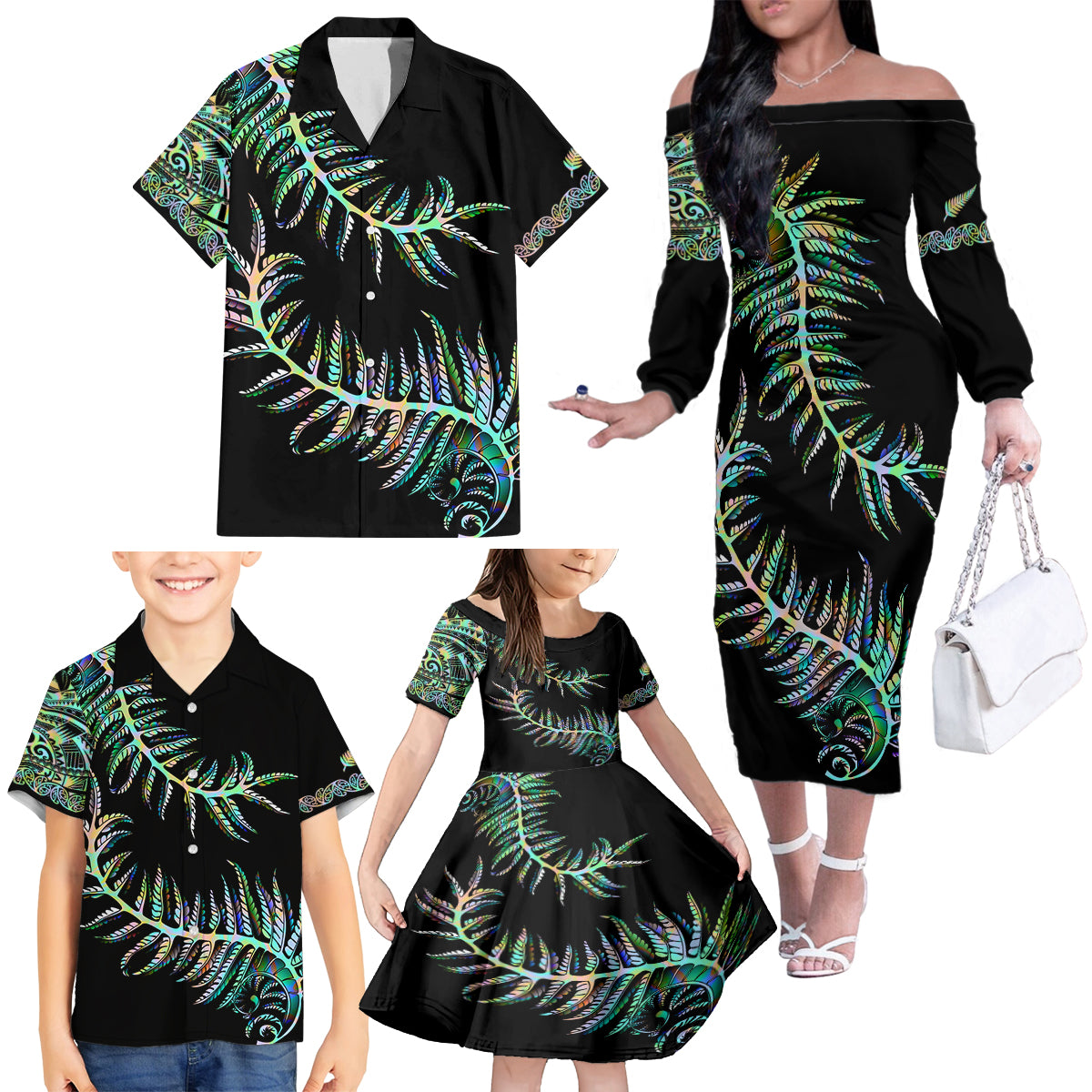 New Zealand Family Matching Off Shoulder Long Sleeve Dress and Hawaiian Shirt Aotearoa Silver Fern Mixed Papua Shell Green Vibe LT9 - Polynesian Pride