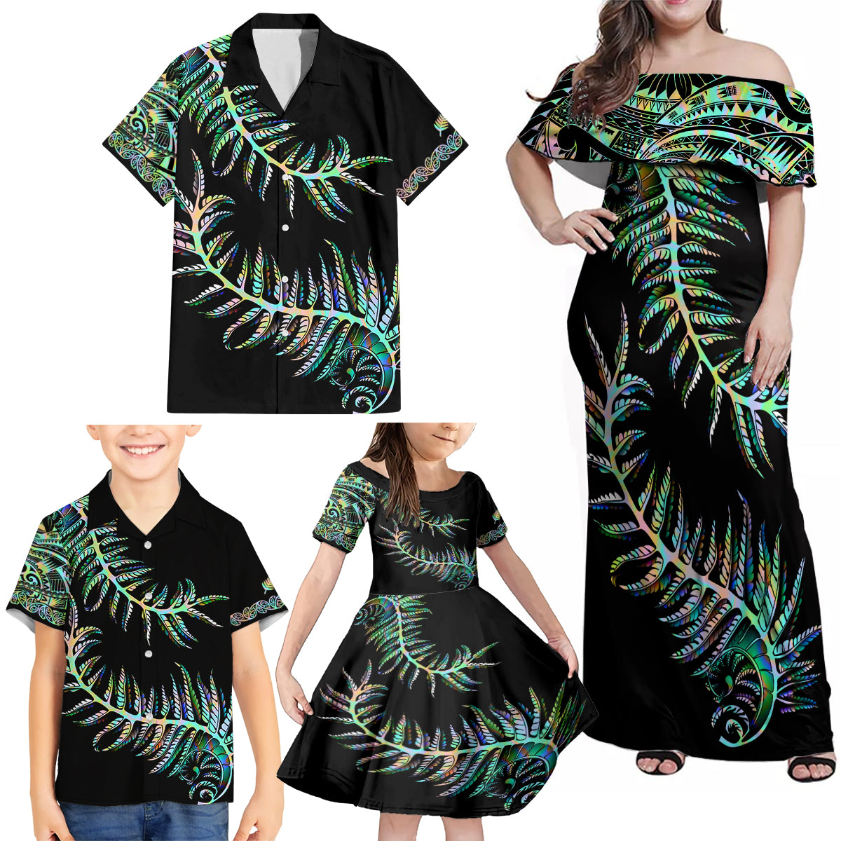 New Zealand Family Matching Off Shoulder Maxi Dress and Hawaiian Shirt Aotearoa Silver Fern Mixed Papua Shell Green Vibe LT9 - Polynesian Pride