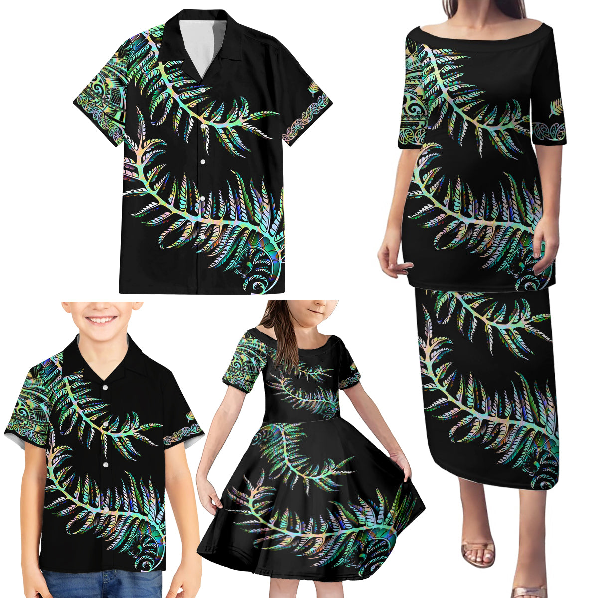 New Zealand Family Matching Puletasi Dress and Hawaiian Shirt Aotearoa Silver Fern Mixed Papua Shell Green Vibe LT9 - Polynesian Pride