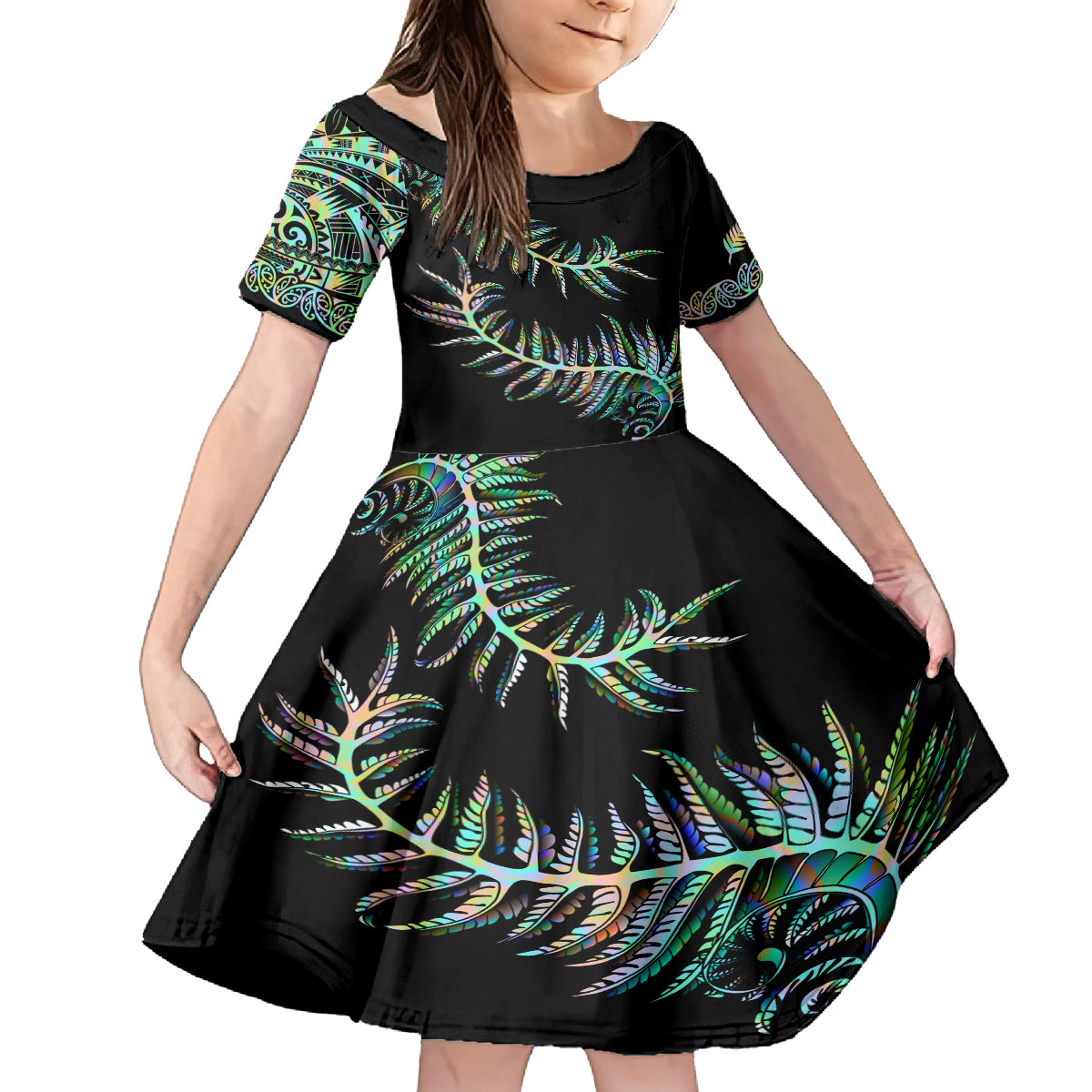 New Zealand Kid Short Sleeve Dress Aotearoa Silver Fern Mixed Papua Shell Green Vibe LT9 KID Green - Polynesian Pride