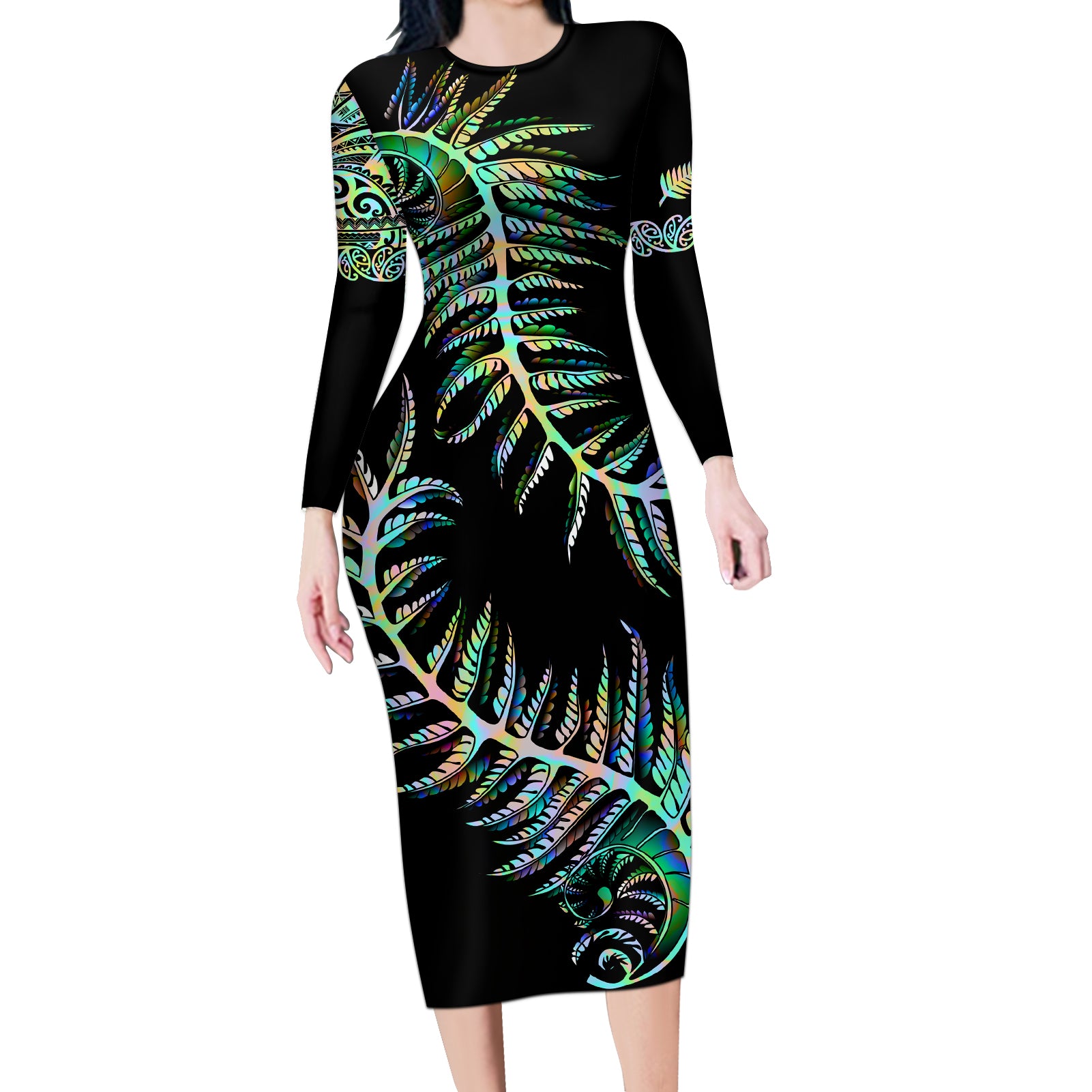 New Zealand Long Sleeve Bodycon Dress Aotearoa Silver Fern Mixed Papua Shell Green Vibe LT9 Long Dress Green - Polynesian Pride