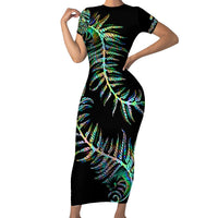 New Zealand Short Sleeve Bodycon Dress Aotearoa Silver Fern Mixed Papua Shell Green Vibe LT9 Long Dress Green - Polynesian Pride