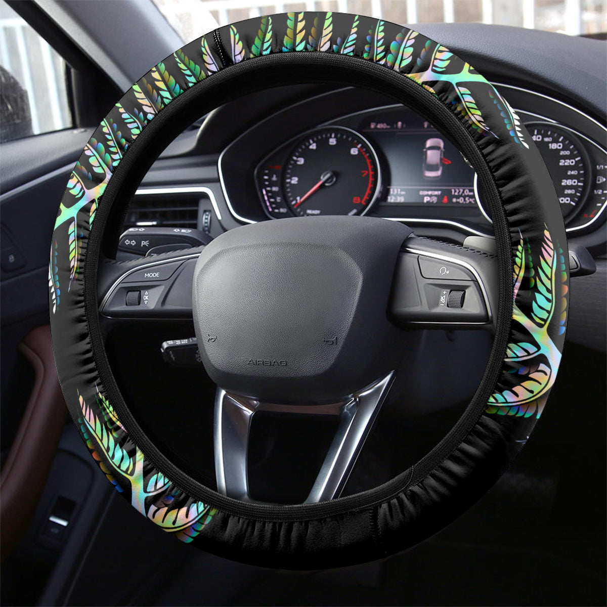 New Zealand Steering Wheel Cover Aotearoa Silver Fern Mixed Papua Shell Green Vibe LT9 - Polynesian Pride