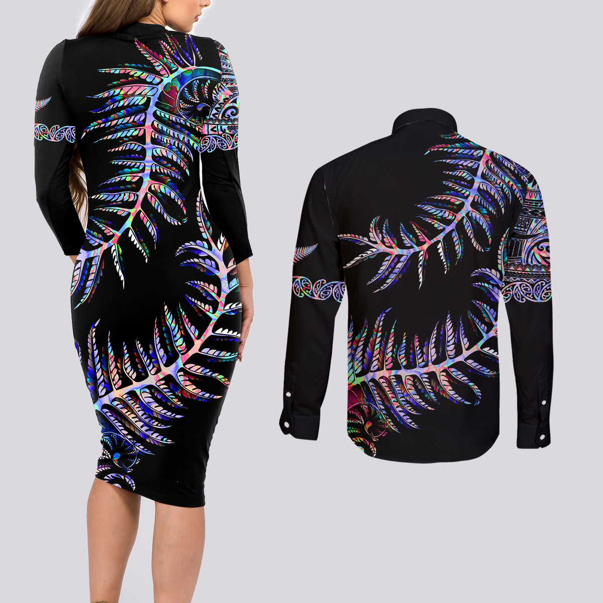New Zealand Couples Matching Long Sleeve Bodycon Dress and Long Sleeve Button Shirt Aotearoa Silver Fern Mixed Papua Shell Purple Vibe LT9 - Polynesian Pride