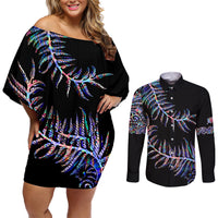 New Zealand Couples Matching Off Shoulder Short Dress and Long Sleeve Button Shirt Aotearoa Silver Fern Mixed Papua Shell Purple Vibe LT9 Purple - Polynesian Pride