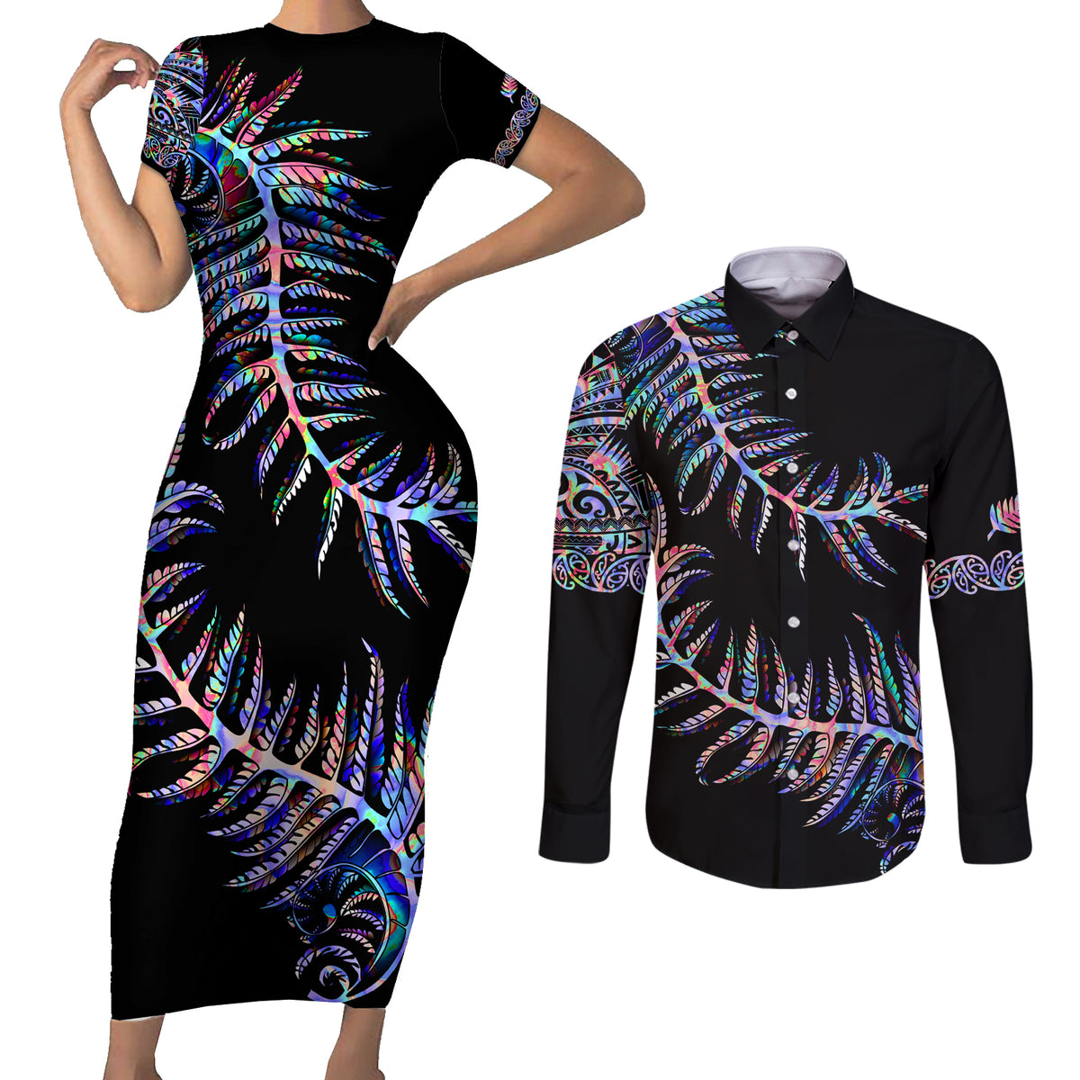 New Zealand Couples Matching Short Sleeve Bodycon Dress and Long Sleeve Button Shirt Aotearoa Silver Fern Mixed Papua Shell Purple Vibe LT9 Purple - Polynesian Pride