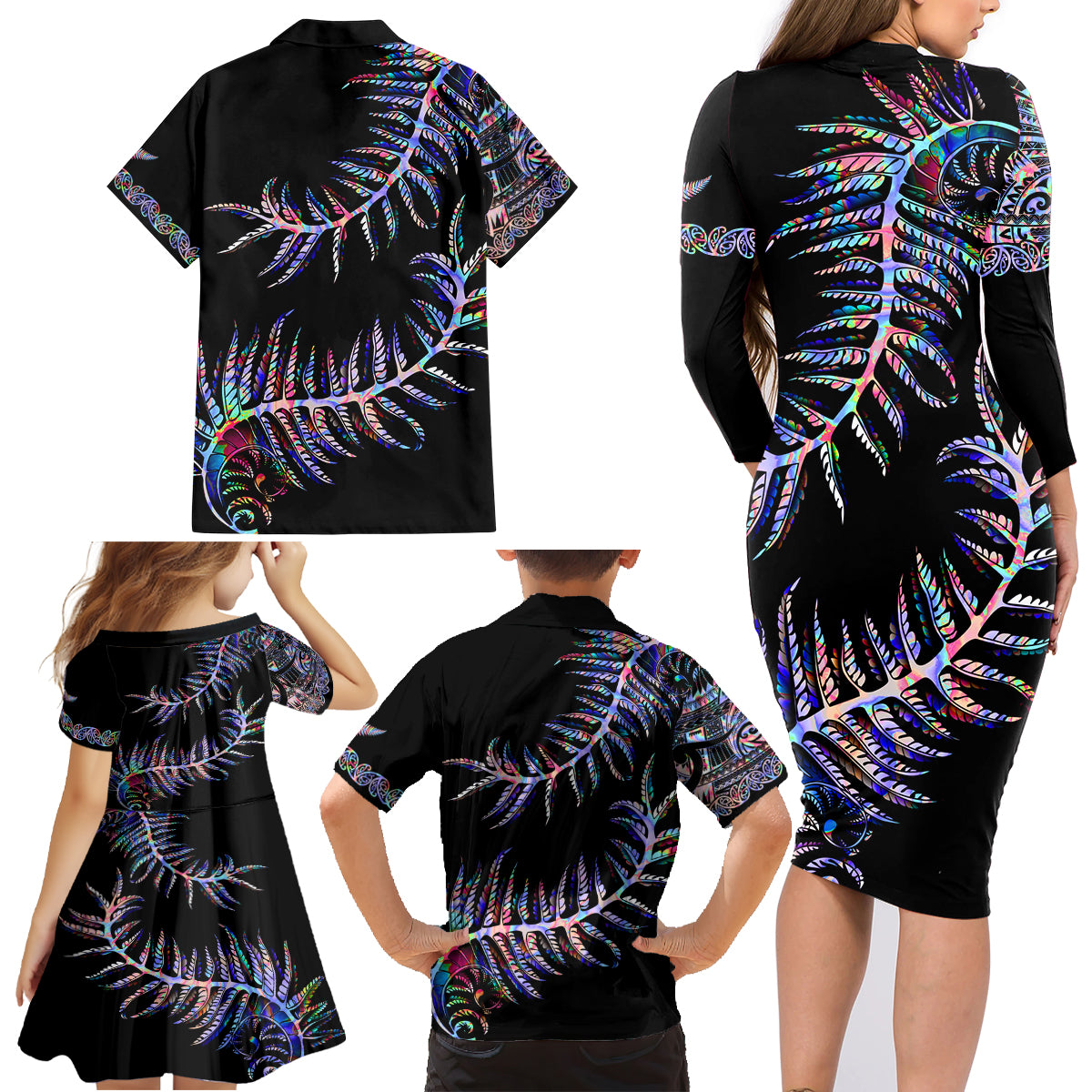 New Zealand Family Matching Long Sleeve Bodycon Dress and Hawaiian Shirt Aotearoa Silver Fern Mixed Papua Shell Purple Vibe LT9 - Polynesian Pride