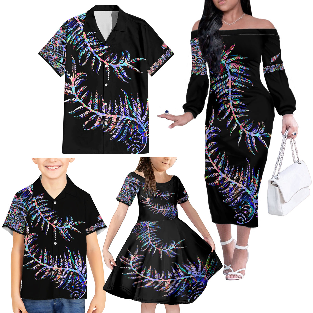 New Zealand Family Matching Off Shoulder Long Sleeve Dress and Hawaiian Shirt Aotearoa Silver Fern Mixed Papua Shell Purple Vibe LT9 - Polynesian Pride