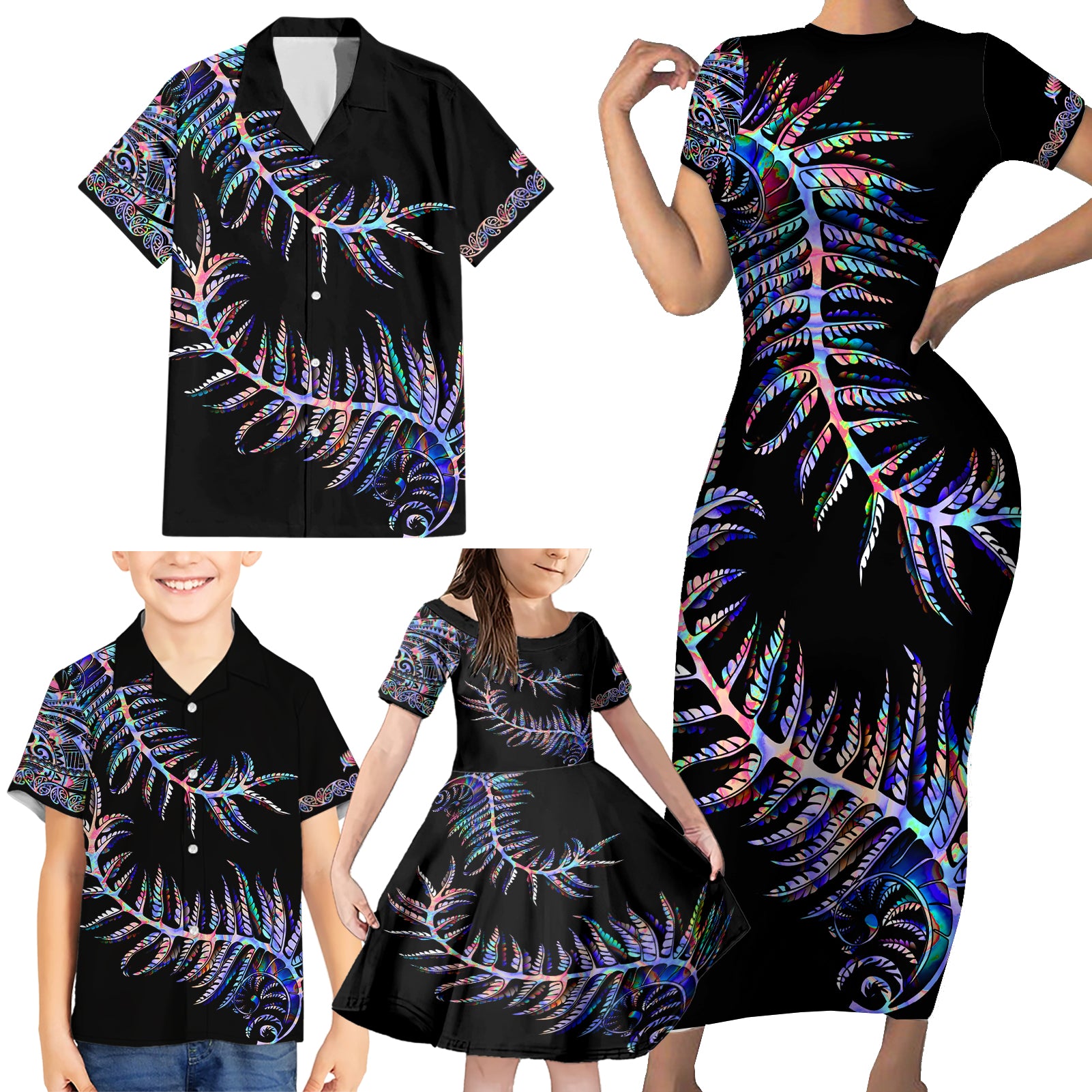 New Zealand Family Matching Short Sleeve Bodycon Dress and Hawaiian Shirt Aotearoa Silver Fern Mixed Papua Shell Purple Vibe LT9 - Polynesian Pride