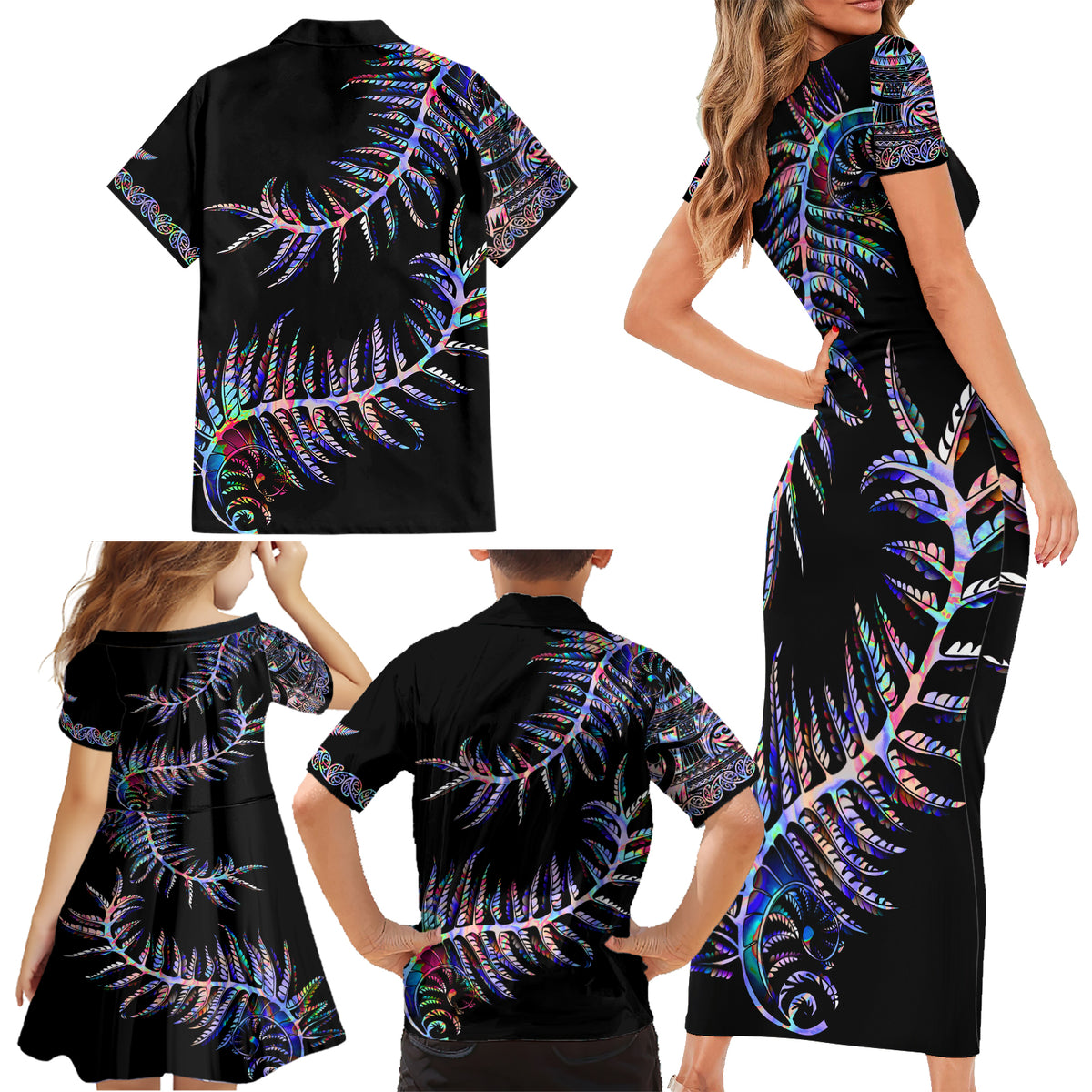 New Zealand Family Matching Short Sleeve Bodycon Dress and Hawaiian Shirt Aotearoa Silver Fern Mixed Papua Shell Purple Vibe LT9 - Polynesian Pride