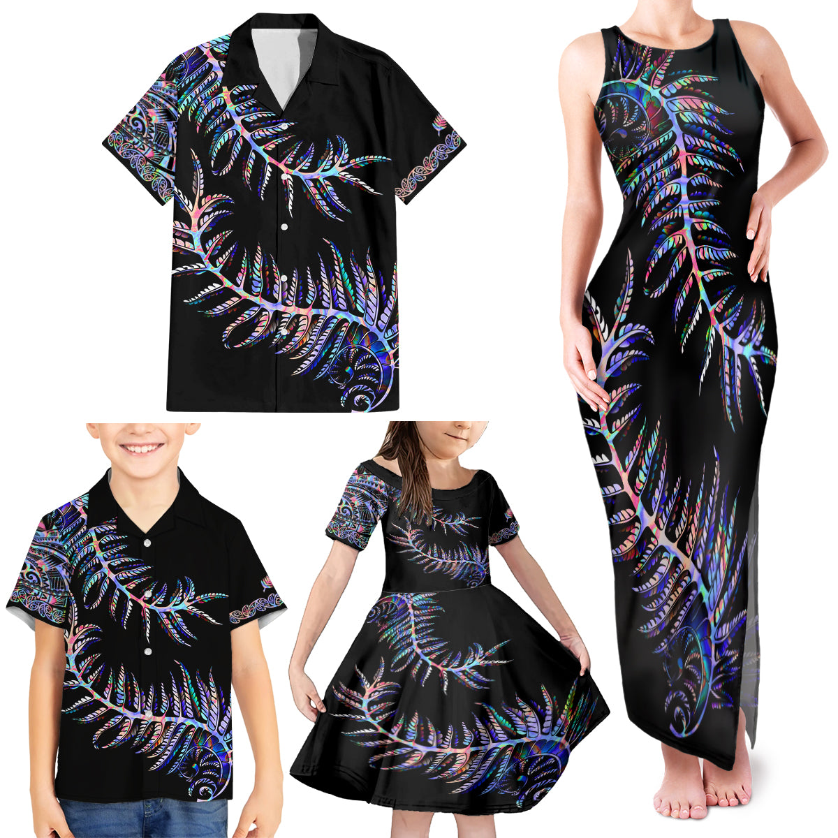 New Zealand Family Matching Tank Maxi Dress and Hawaiian Shirt Aotearoa Silver Fern Mixed Papua Shell Purple Vibe LT9 - Polynesian Pride