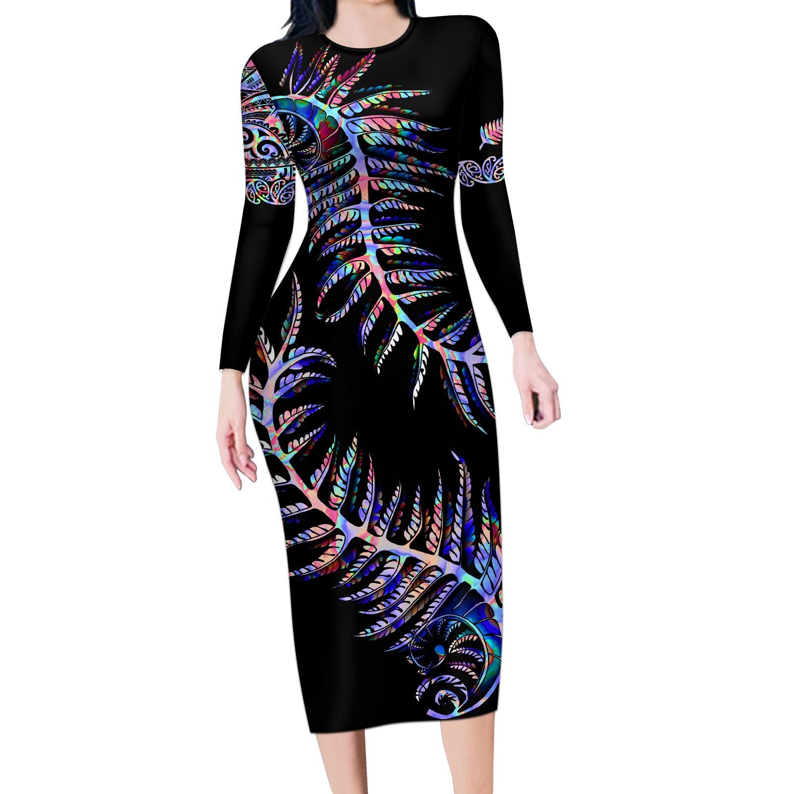 New Zealand Long Sleeve Bodycon Dress Aotearoa Silver Fern Mixed Papua Shell Purple Vibe LT9 Long Dress Purple - Polynesian Pride