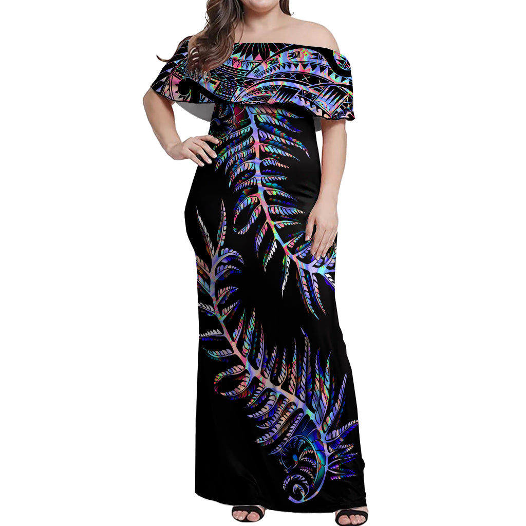 New Zealand Off Shoulder Maxi Dress Aotearoa Silver Fern Mixed Papua Shell Purple Vibe LT9 Women Purple - Polynesian Pride