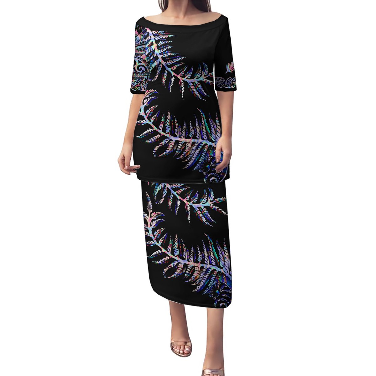 New Zealand Puletasi Aotearoa Silver Fern Mixed Papua Shell Purple Vibe LT9 Long Dress Purple - Polynesian Pride