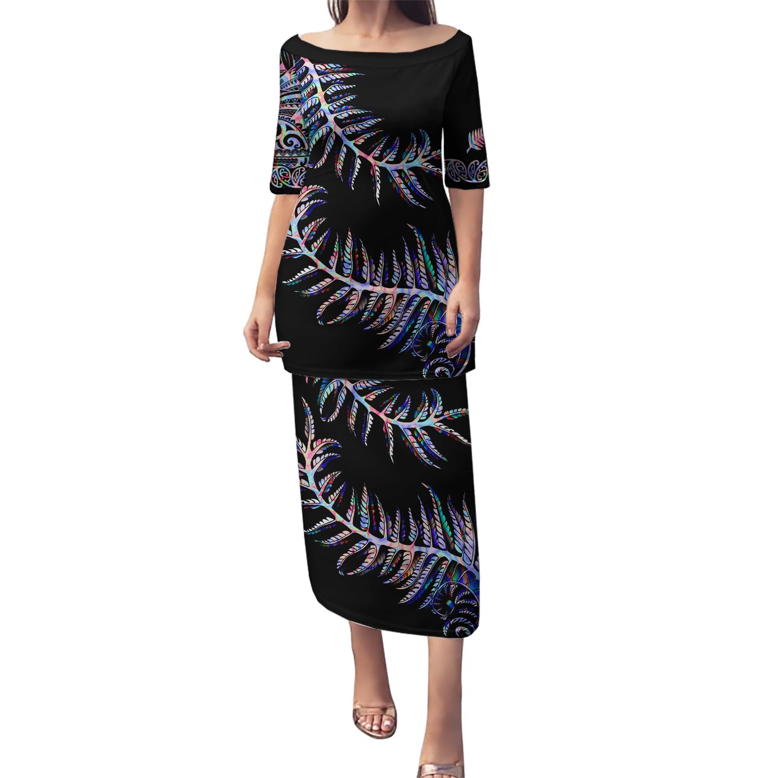 New Zealand Puletasi Aotearoa Silver Fern Mixed Papua Shell Purple Vibe LT9 Long Dress Purple - Polynesian Pride