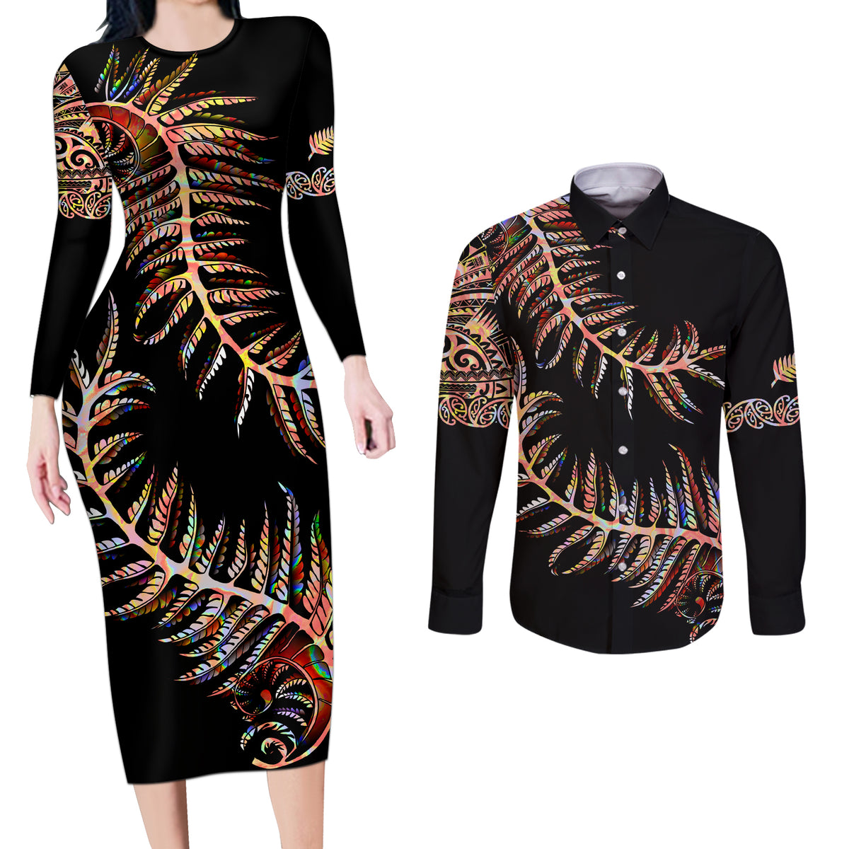 New Zealand Couples Matching Long Sleeve Bodycon Dress and Long Sleeve Button Shirt Aotearoa Silver Fern Mixed Papua Shell Red Vibe LT9 Red - Polynesian Pride