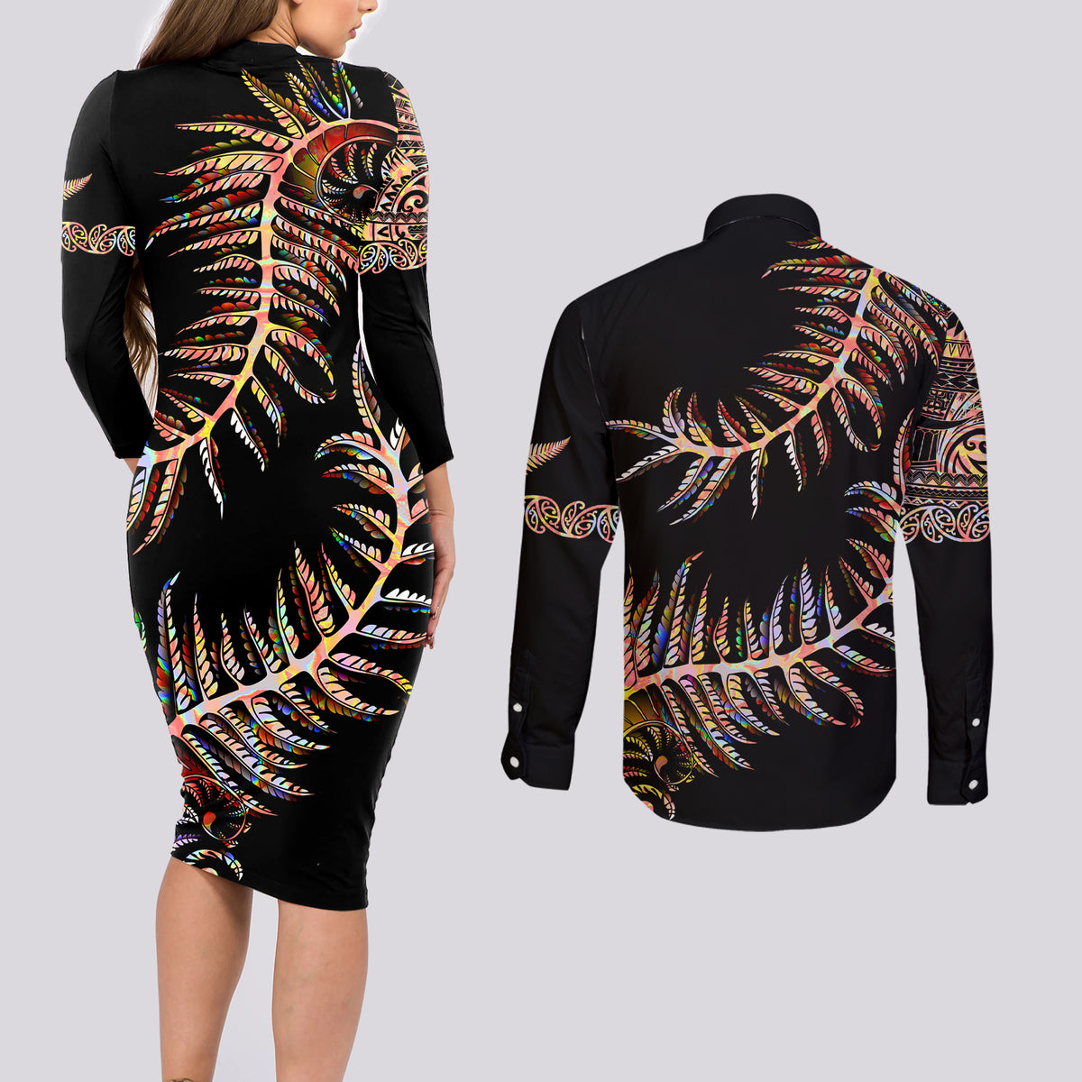 New Zealand Couples Matching Long Sleeve Bodycon Dress and Long Sleeve Button Shirt Aotearoa Silver Fern Mixed Papua Shell Red Vibe LT9 - Polynesian Pride