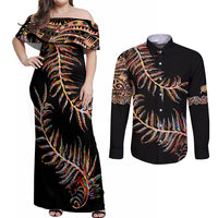 New Zealand Couples Matching Off Shoulder Maxi Dress and Long Sleeve Button Shirt Aotearoa Silver Fern Mixed Papua Shell Red Vibe LT9 Red - Polynesian Pride