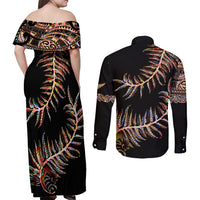 New Zealand Couples Matching Off Shoulder Maxi Dress and Long Sleeve Button Shirt Aotearoa Silver Fern Mixed Papua Shell Red Vibe LT9 - Polynesian Pride