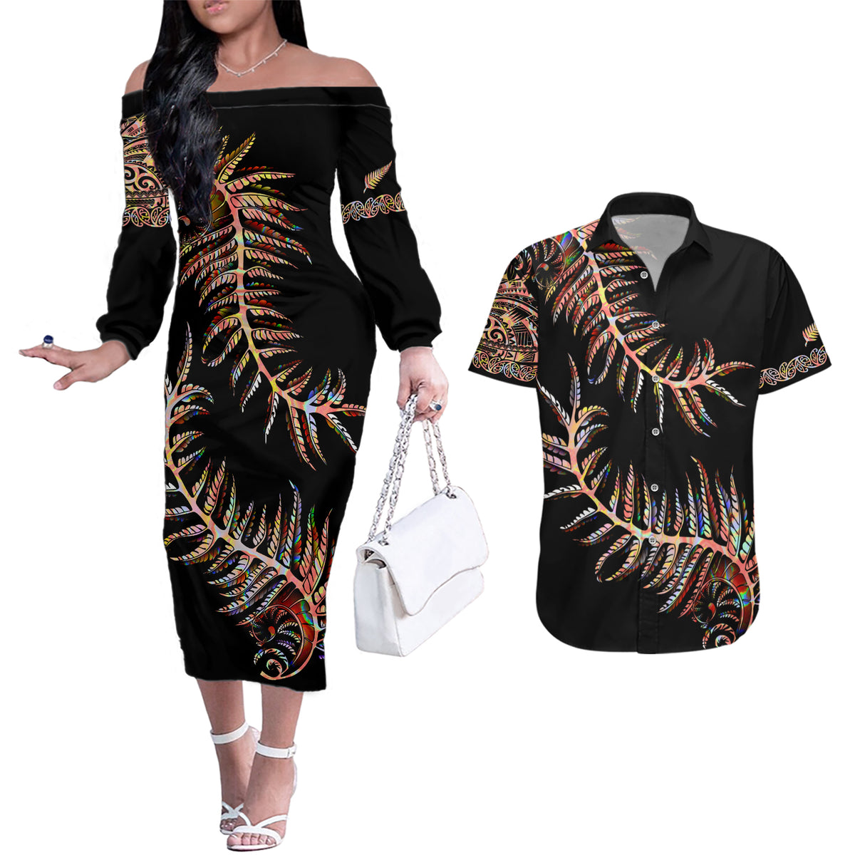New Zealand Couples Matching Off The Shoulder Long Sleeve Dress and Hawaiian Shirt Aotearoa Silver Fern Mixed Papua Shell Red Vibe LT9 Red - Polynesian Pride