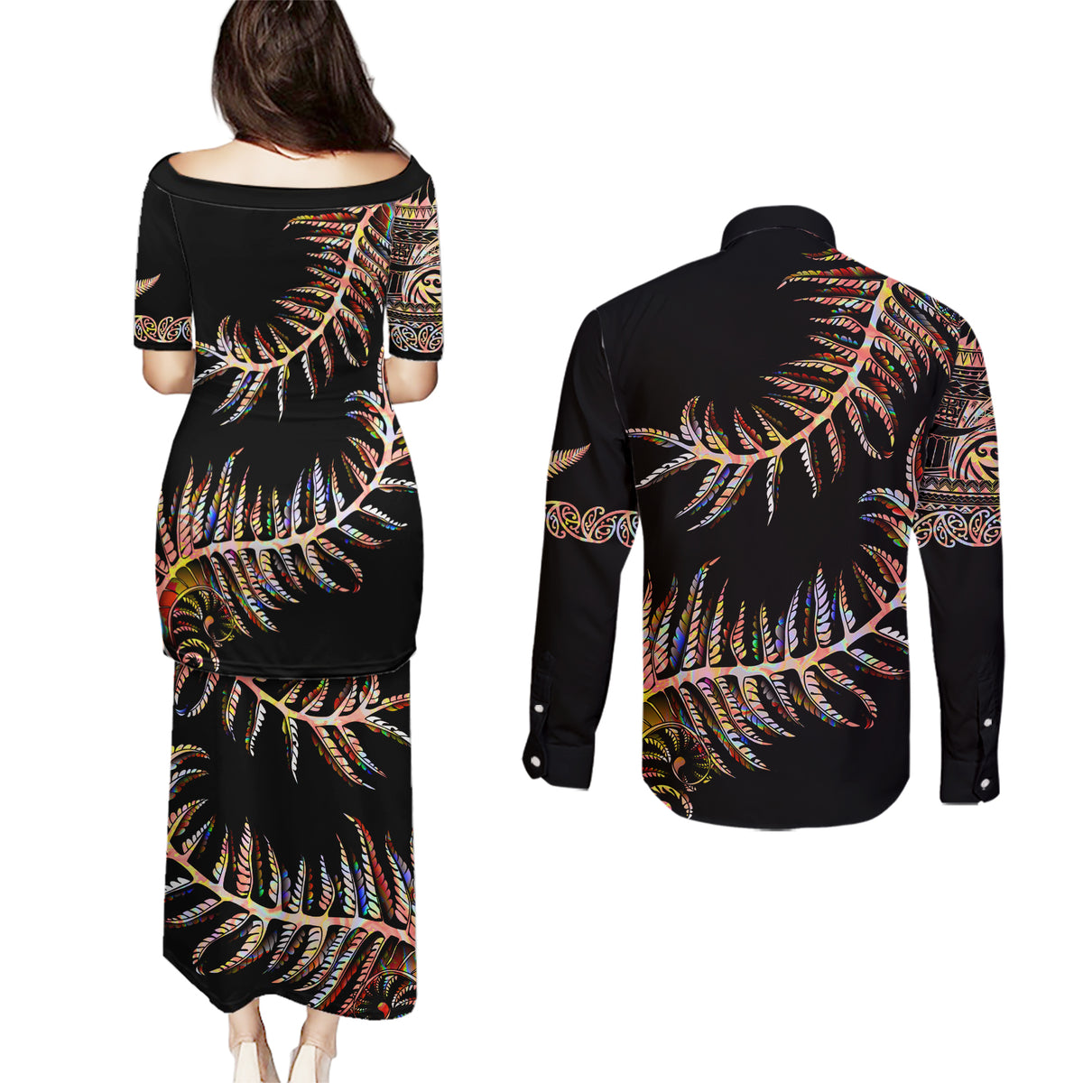 New Zealand Couples Matching Puletasi Dress and Long Sleeve Button Shirt Aotearoa Silver Fern Mixed Papua Shell Red Vibe LT9 - Polynesian Pride
