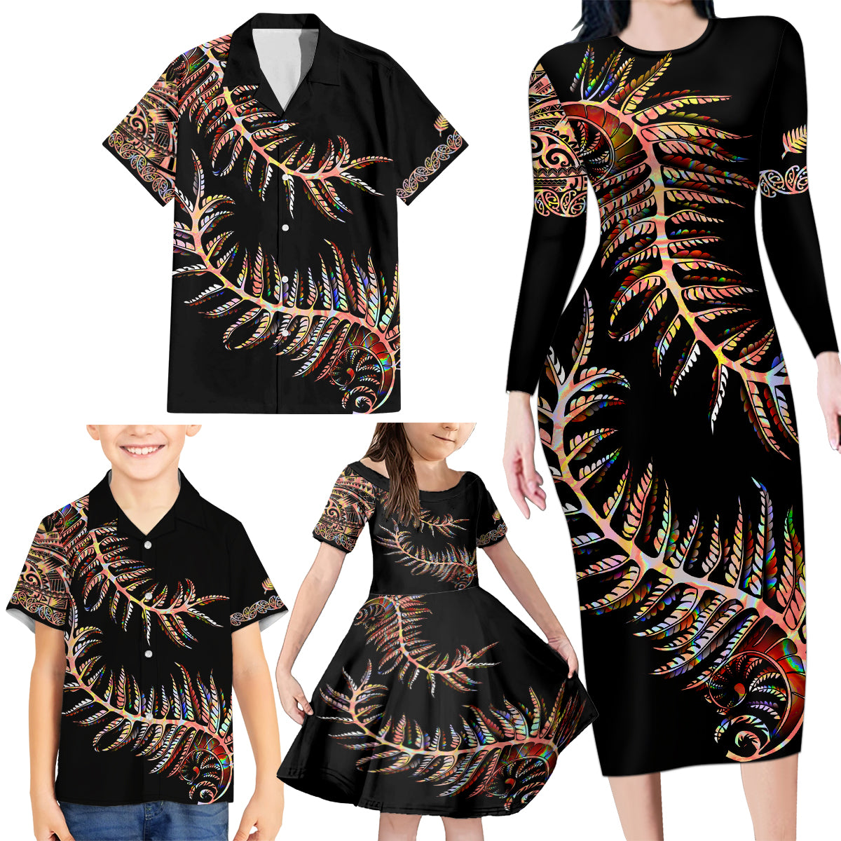 New Zealand Family Matching Long Sleeve Bodycon Dress and Hawaiian Shirt Aotearoa Silver Fern Mixed Papua Shell Red Vibe LT9 - Polynesian Pride