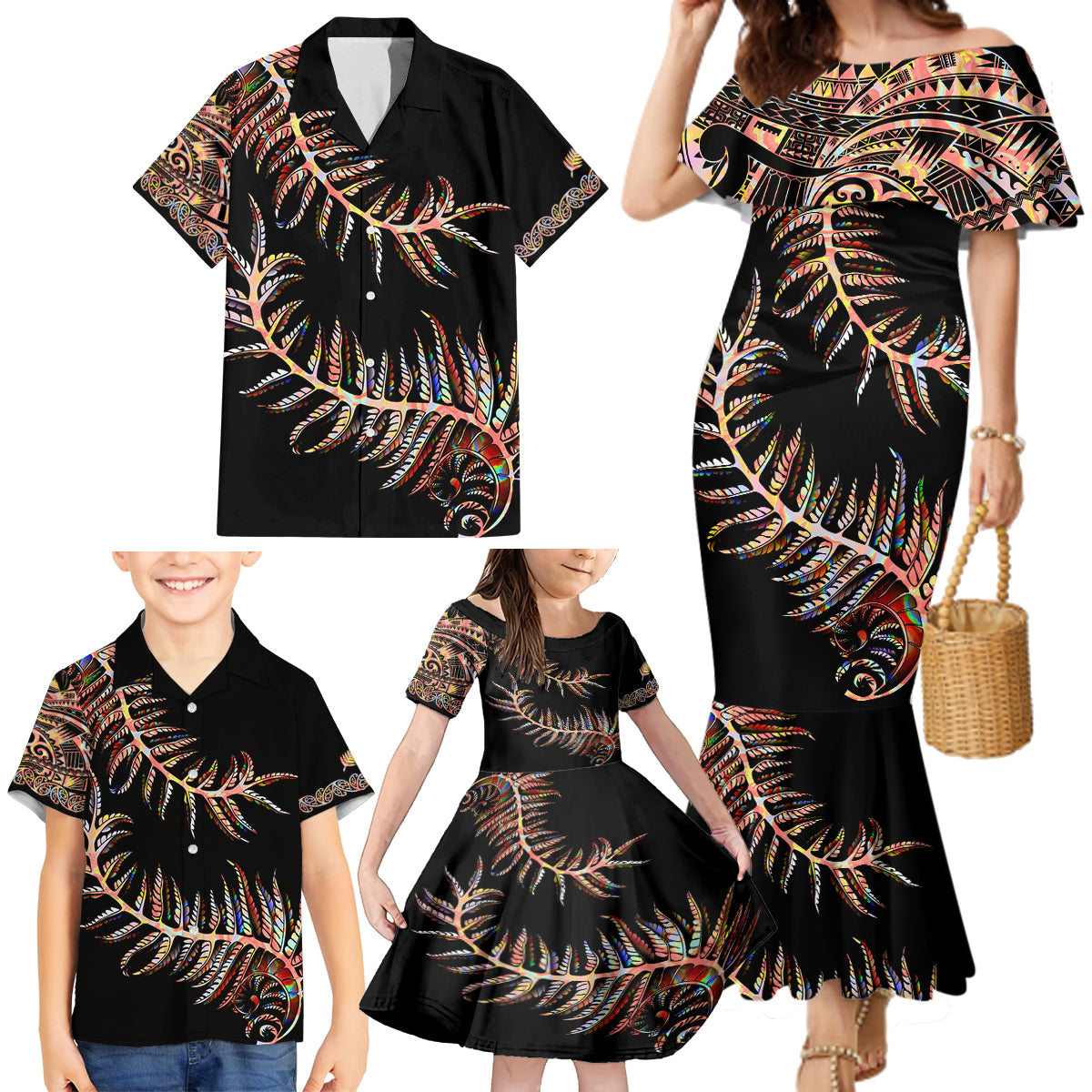 New Zealand Family Matching Mermaid Dress and Hawaiian Shirt Aotearoa Silver Fern Mixed Papua Shell Red Vibe LT9 - Polynesian Pride