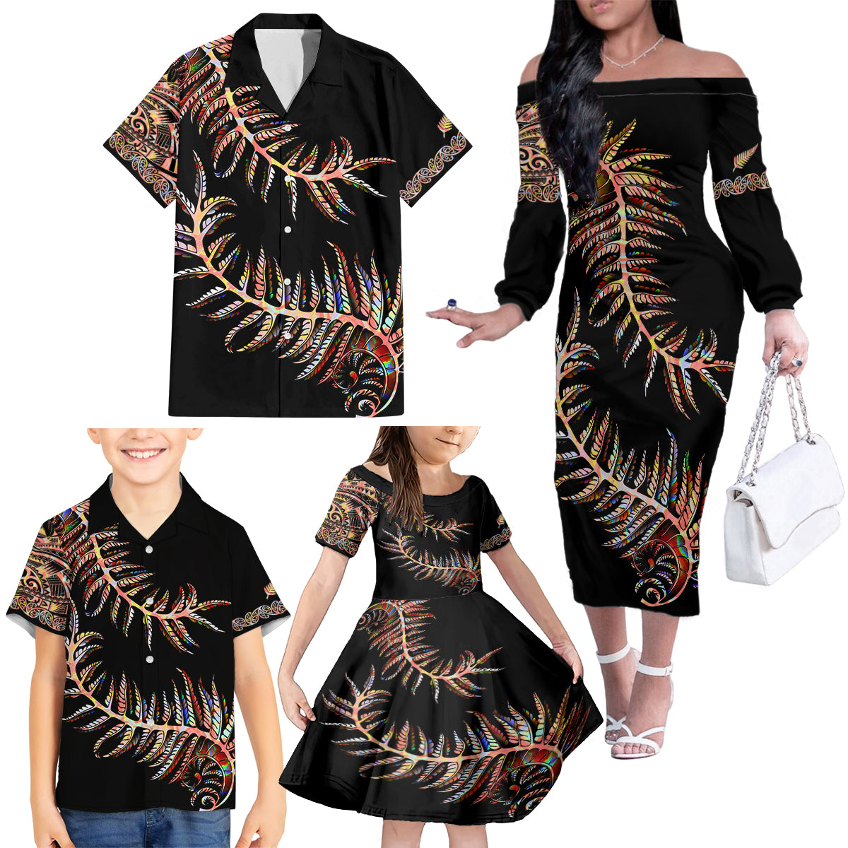 New Zealand Family Matching Off Shoulder Long Sleeve Dress and Hawaiian Shirt Aotearoa Silver Fern Mixed Papua Shell Red Vibe LT9 - Polynesian Pride