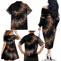 New Zealand Family Matching Off Shoulder Long Sleeve Dress and Hawaiian Shirt Aotearoa Silver Fern Mixed Papua Shell Red Vibe LT9 - Polynesian Pride