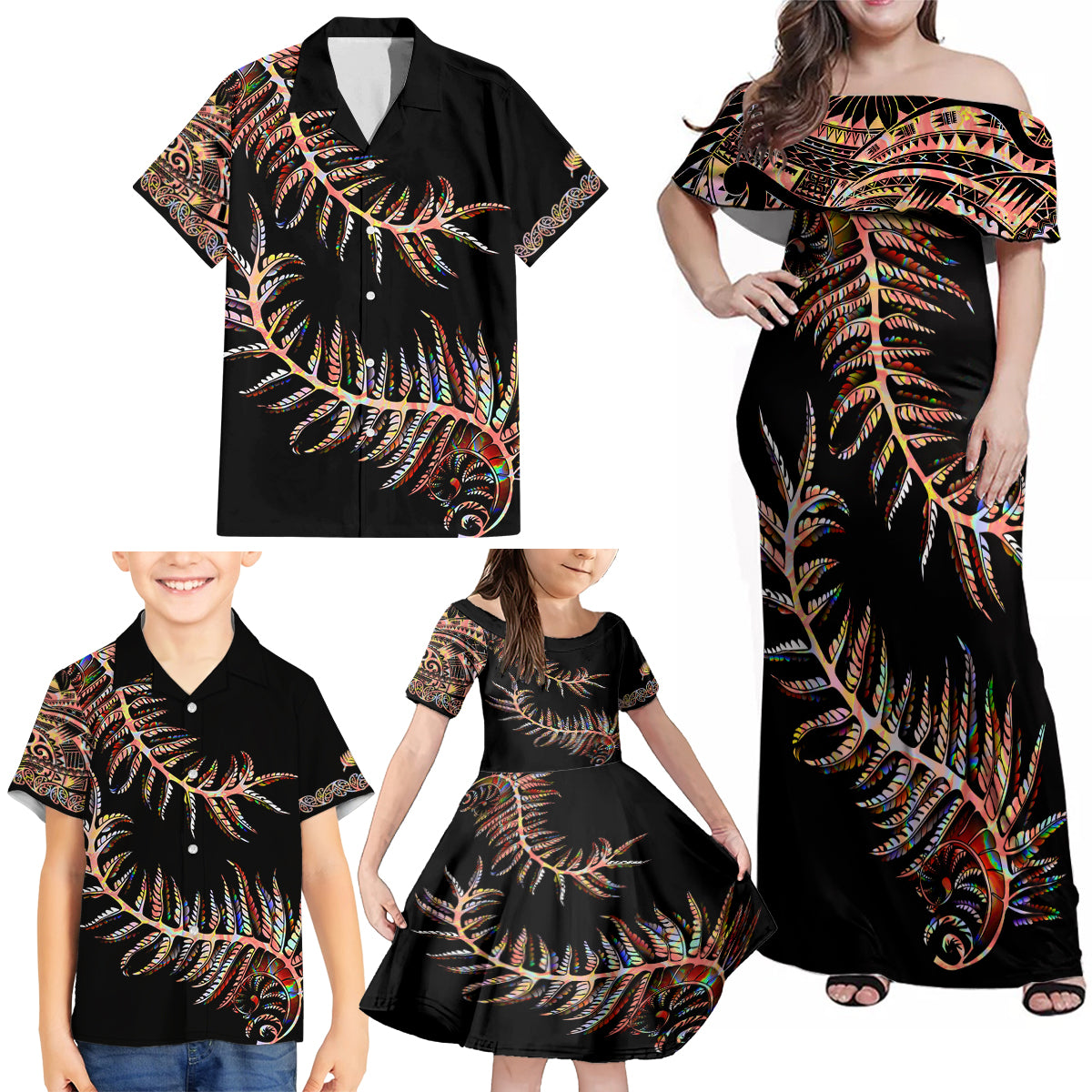 New Zealand Family Matching Off Shoulder Maxi Dress and Hawaiian Shirt Aotearoa Silver Fern Mixed Papua Shell Red Vibe LT9 - Polynesian Pride