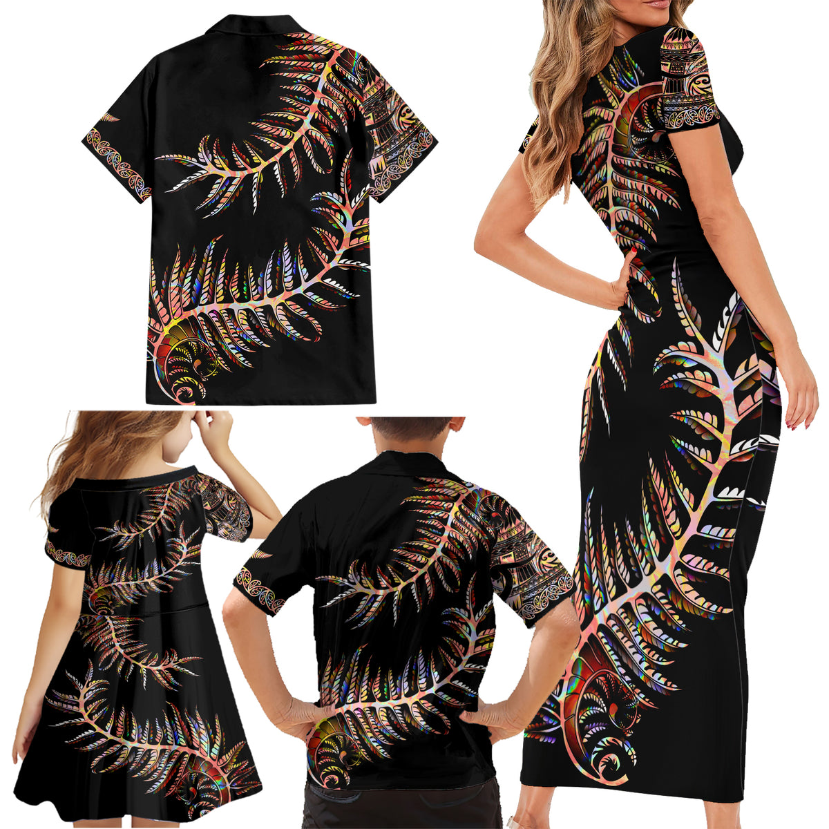 New Zealand Family Matching Short Sleeve Bodycon Dress and Hawaiian Shirt Aotearoa Silver Fern Mixed Papua Shell Red Vibe LT9 - Polynesian Pride