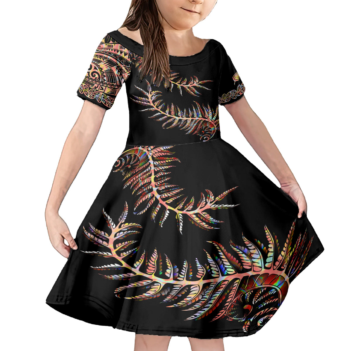 New Zealand Kid Short Sleeve Dress Aotearoa Silver Fern Mixed Papua Shell Red Vibe LT9 KID Red - Polynesian Pride