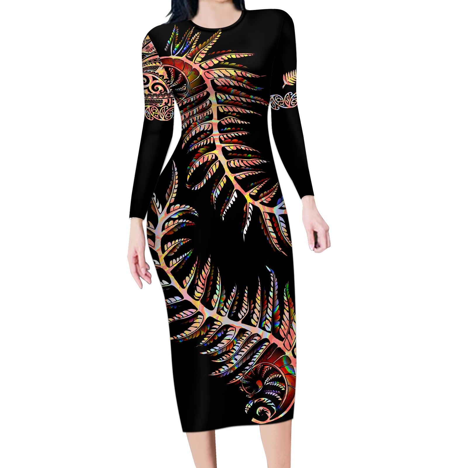 New Zealand Long Sleeve Bodycon Dress Aotearoa Silver Fern Mixed Papua Shell Red Vibe LT9 Long Dress Red - Polynesian Pride