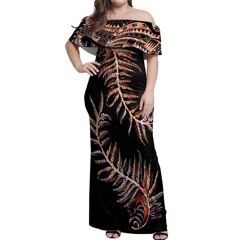 New Zealand Off Shoulder Maxi Dress Aotearoa Silver Fern Mixed Papua Shell Red Vibe LT9 Women Red - Polynesian Pride