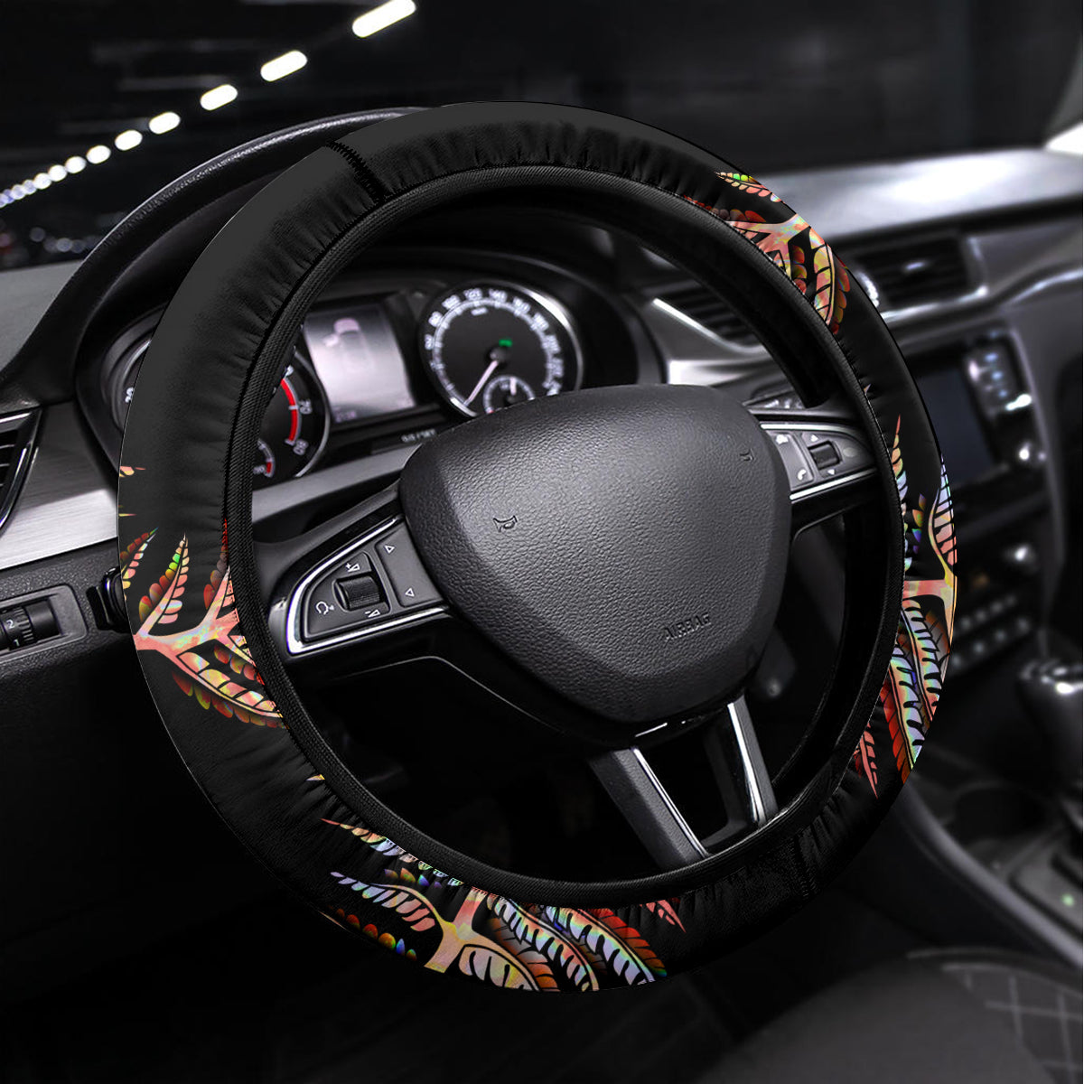 New Zealand Steering Wheel Cover Aotearoa Silver Fern Mixed Papua Shell Red Vibe LT9 Universal Fit Red - Polynesian Pride