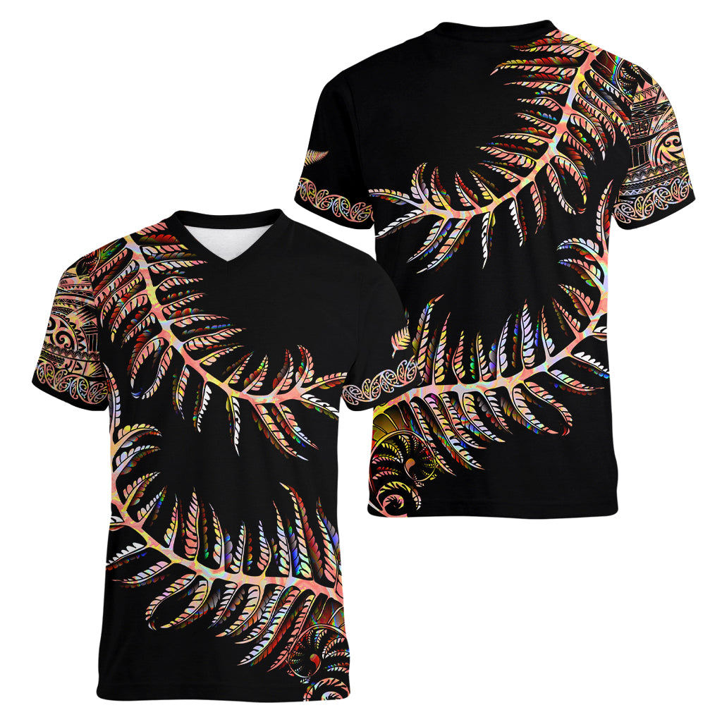 New Zealand Women V Neck T Shirt Aotearoa Silver Fern Mixed Papua Shell Red Vibe LT9 - Polynesian Pride