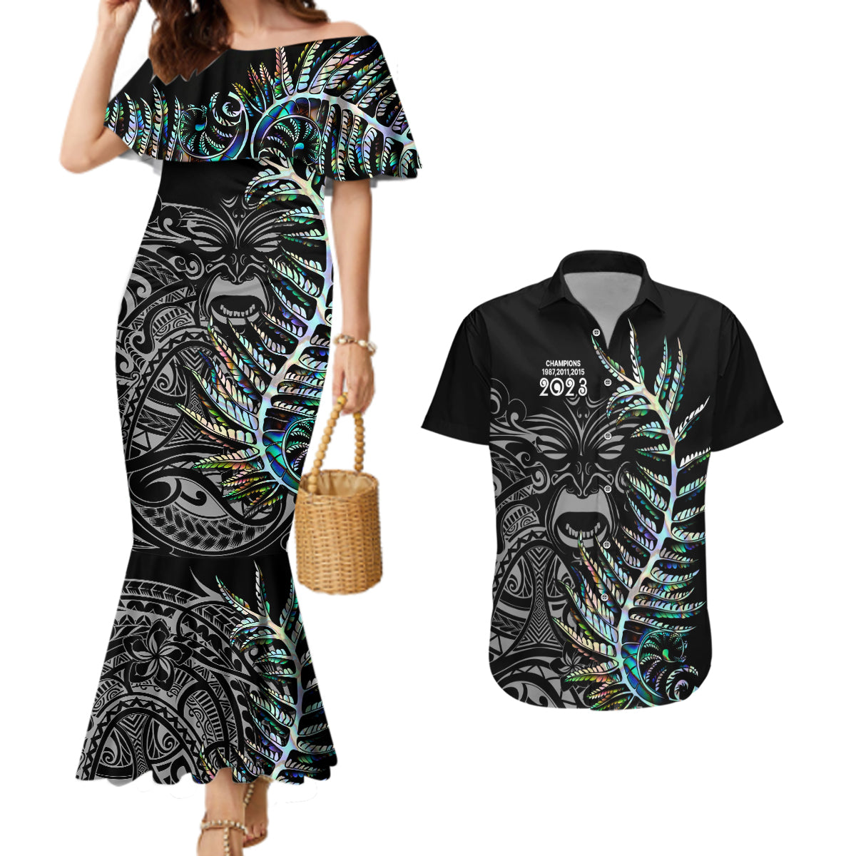 New Zealand Rugby Couples Matching Mermaid Dress and Hawaiian Shirt NZ Black Fern Champions History With Papua Shell LT9 Black - Polynesian Pride